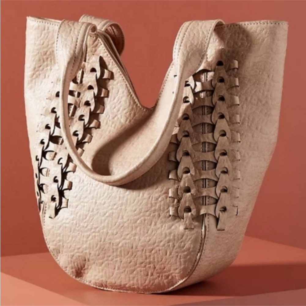 Anthropologie Cream Textured Woven-Accent Shoulder Bag